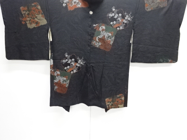 JAPANESE ANTIQUE HAORI / TAISHO ROMAN STYLE / SILK / WOVEN SHIKISHI & FLORAL PLANTS